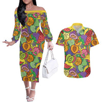 Hawaii Fruits Hippie Style Couples Matching Off The Shoulder Long Sleeve Dress and Hawaiian Shirt Vibrant Colorful LT01 Multicolor - Polynesian Pride