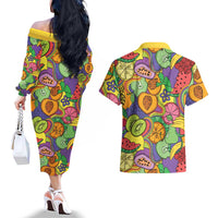 Hawaii Fruits Hippie Style Couples Matching Off The Shoulder Long Sleeve Dress and Hawaiian Shirt Vibrant Colorful LT01 - Polynesian Pride