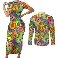 Hawaii Fruits Hippie Style Couples Matching Short Sleeve Bodycon Dress and Long Sleeve Button Shirt Vibrant Colorful
