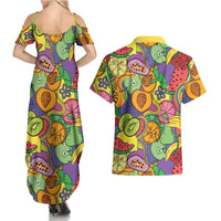 Hawaii Fruits Hippie Style Couples Matching Summer Maxi Dress and Hawaiian Shirt Vibrant Colorful