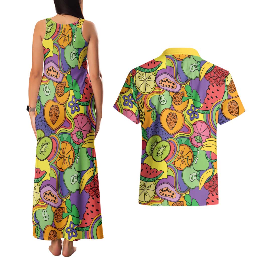 Hawaii Fruits Hippie Style Couples Matching Tank Maxi Dress and Hawaiian Shirt Vibrant Colorful