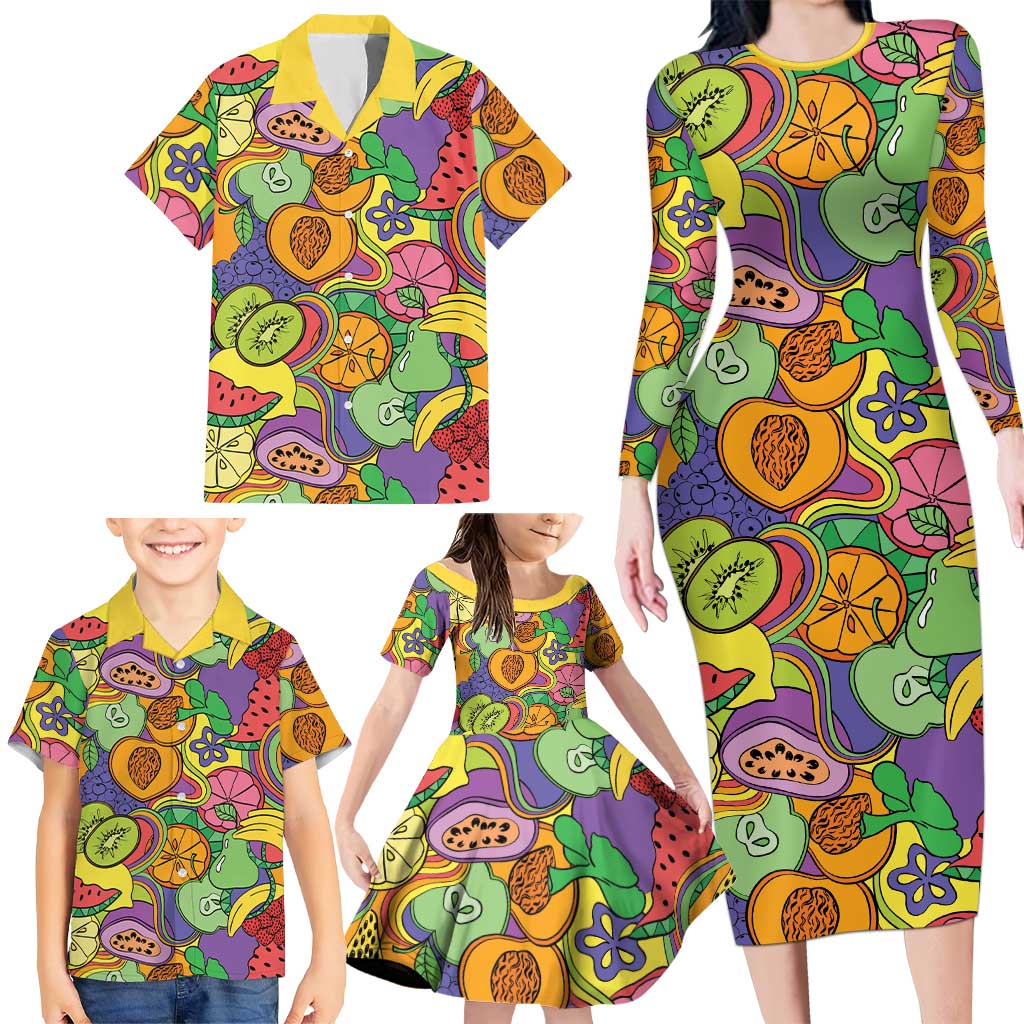Hawaii Fruits Hippie Style Family Matching Long Sleeve Bodycon Dress and Hawaiian Shirt Vibrant Colorful