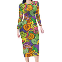 Hawaii Fruits Hippie Style Family Matching Long Sleeve Bodycon Dress and Hawaiian Shirt Vibrant Colorful LT01 Mom's Dress Multicolor - Polynesian Pride