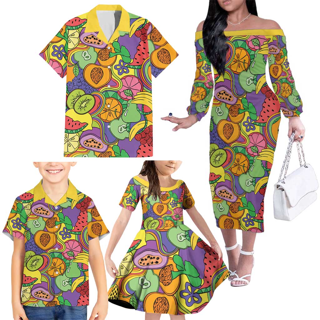 Hawaii Fruits Hippie Style Family Matching Off The Shoulder Long Sleeve Dress and Hawaiian Shirt Vibrant Colorful LT01 - Polynesian Pride