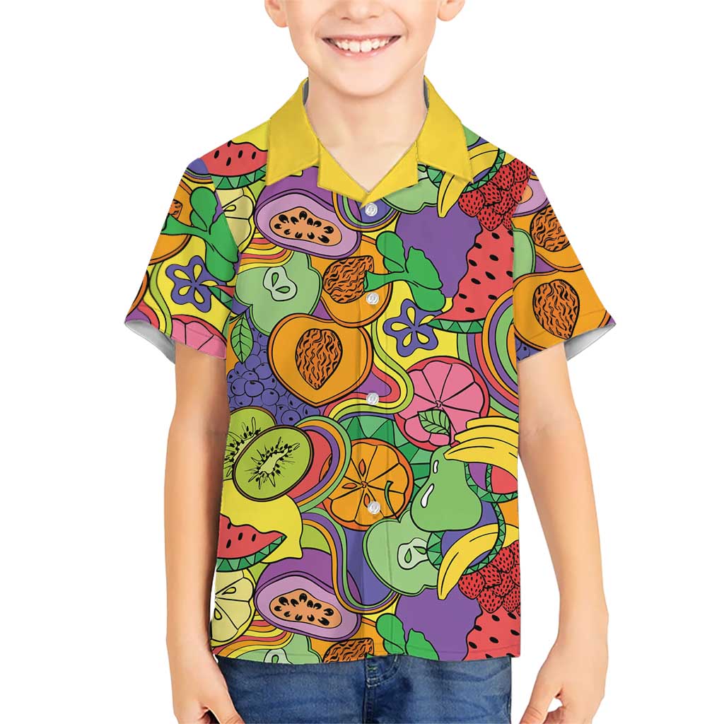 Hawaii Fruits Hippie Style Family Matching Off The Shoulder Long Sleeve Dress and Hawaiian Shirt Vibrant Colorful LT01 Son's Shirt Multicolor - Polynesian Pride