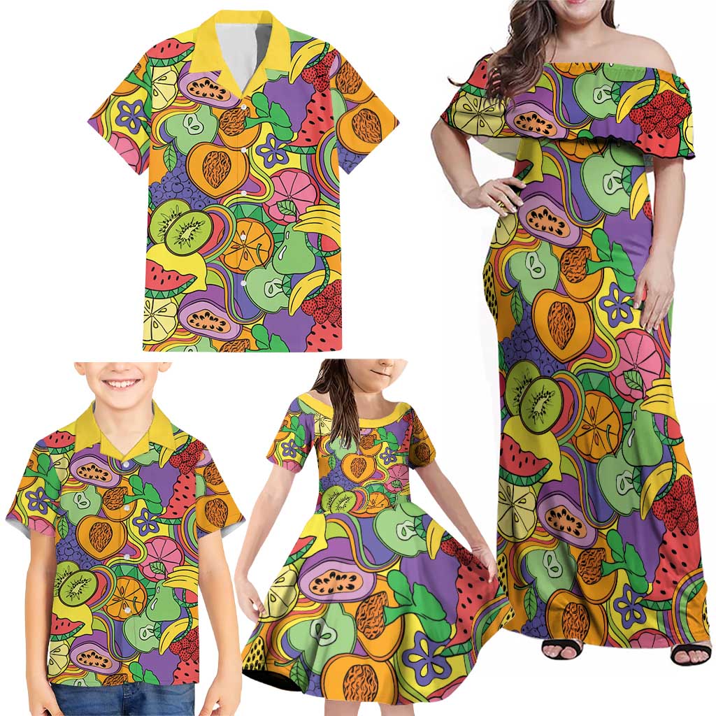 Hawaii Fruits Hippie Style Family Matching Off Shoulder Maxi Dress and Hawaiian Shirt Vibrant Colorful LT01 - Polynesian Pride