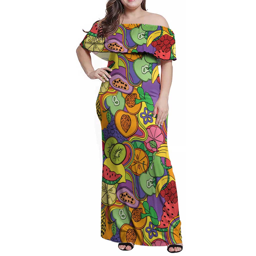 Hawaii Fruits Hippie Style Family Matching Off Shoulder Maxi Dress and Hawaiian Shirt Vibrant Colorful LT01 Mom's Dress Multicolor - Polynesian Pride