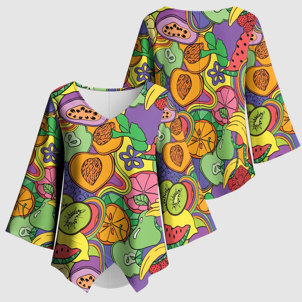 Hawaii Fruits Hippie Style Kimono Sleeve Blouse Vibrant Colorful