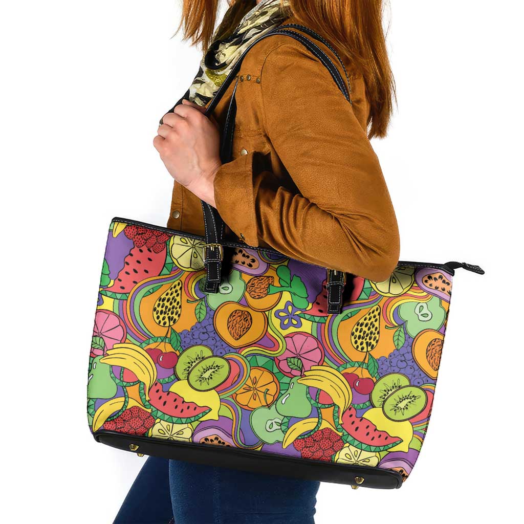 Hawaii Fruits Hippie Style Leather Tote Bag Vibrant Colorful