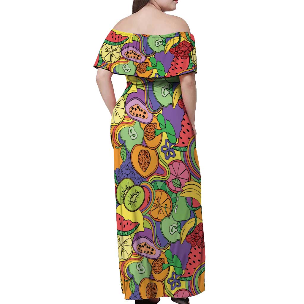 Hawaii Fruits Hippie Style Off Shoulder Maxi Dress Vibrant Colorful