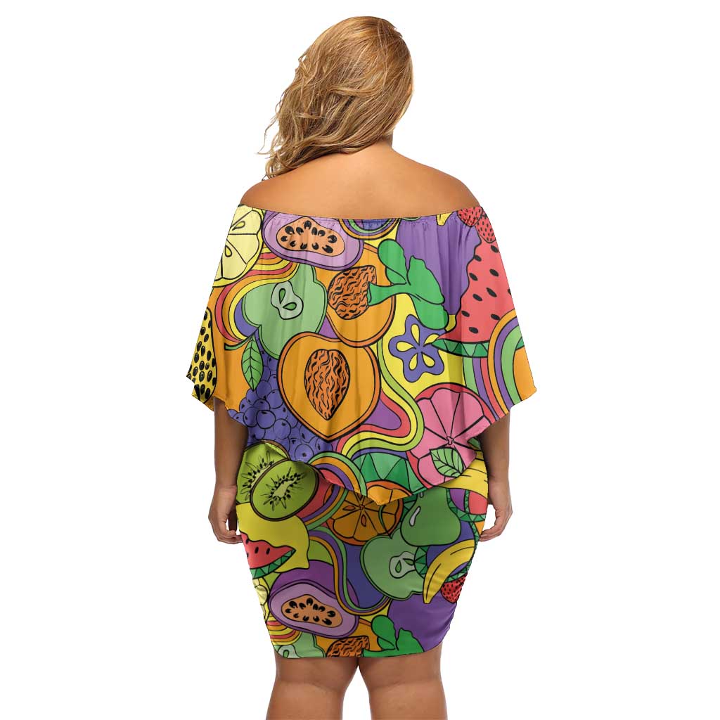 Hawaii Fruits Hippie Style Off Shoulder Short Dress Vibrant Colorful