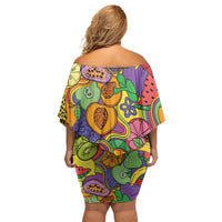 Hawaii Fruits Hippie Style Off Shoulder Short Dress Vibrant Colorful