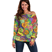 Hawaii Fruits Hippie Style Off Shoulder Sweater Vibrant Colorful