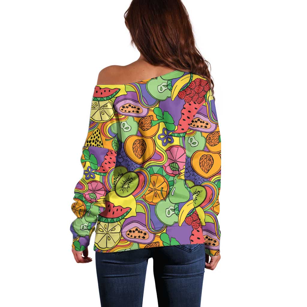 Hawaii Fruits Hippie Style Off Shoulder Sweater Vibrant Colorful