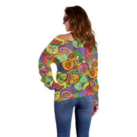 Hawaii Fruits Hippie Style Off Shoulder Sweater Vibrant Colorful