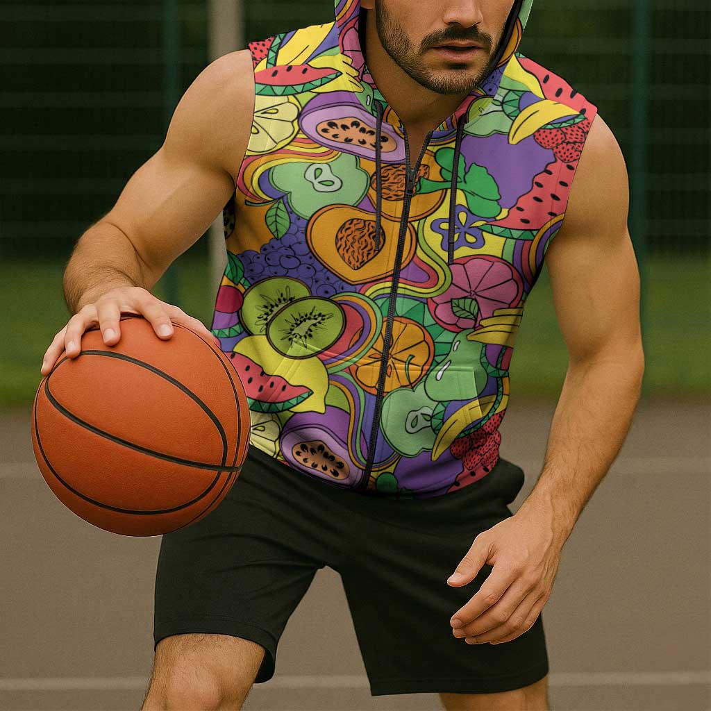 Hawaii Fruits Hippie Style Sleeveless Zip Hoodie Vibrant Colorful