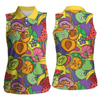 Hawaii Fruits Hippie Style Women Sleeveless Polo Shirt Vibrant Colorful