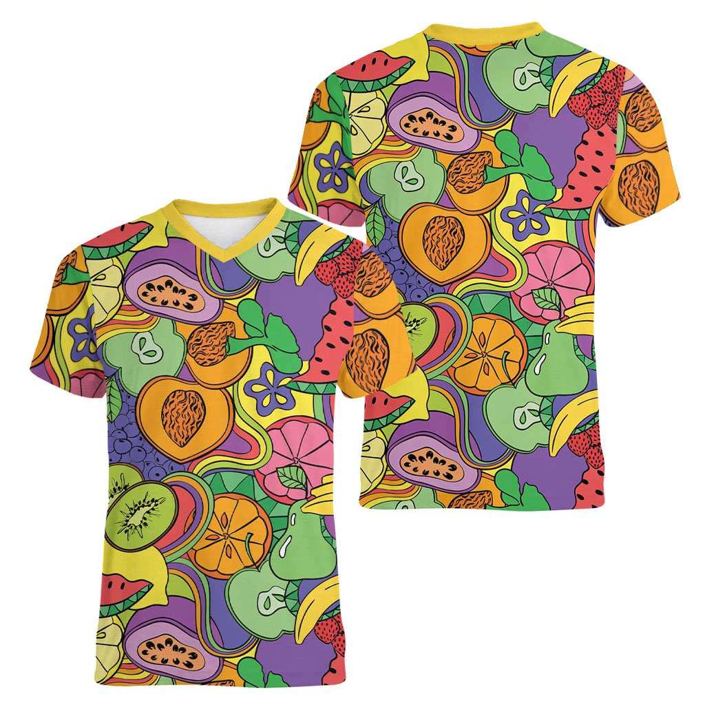 Hawaii Fruits Hippie Style Women V-Neck T-Shirt Vibrant Colorful
