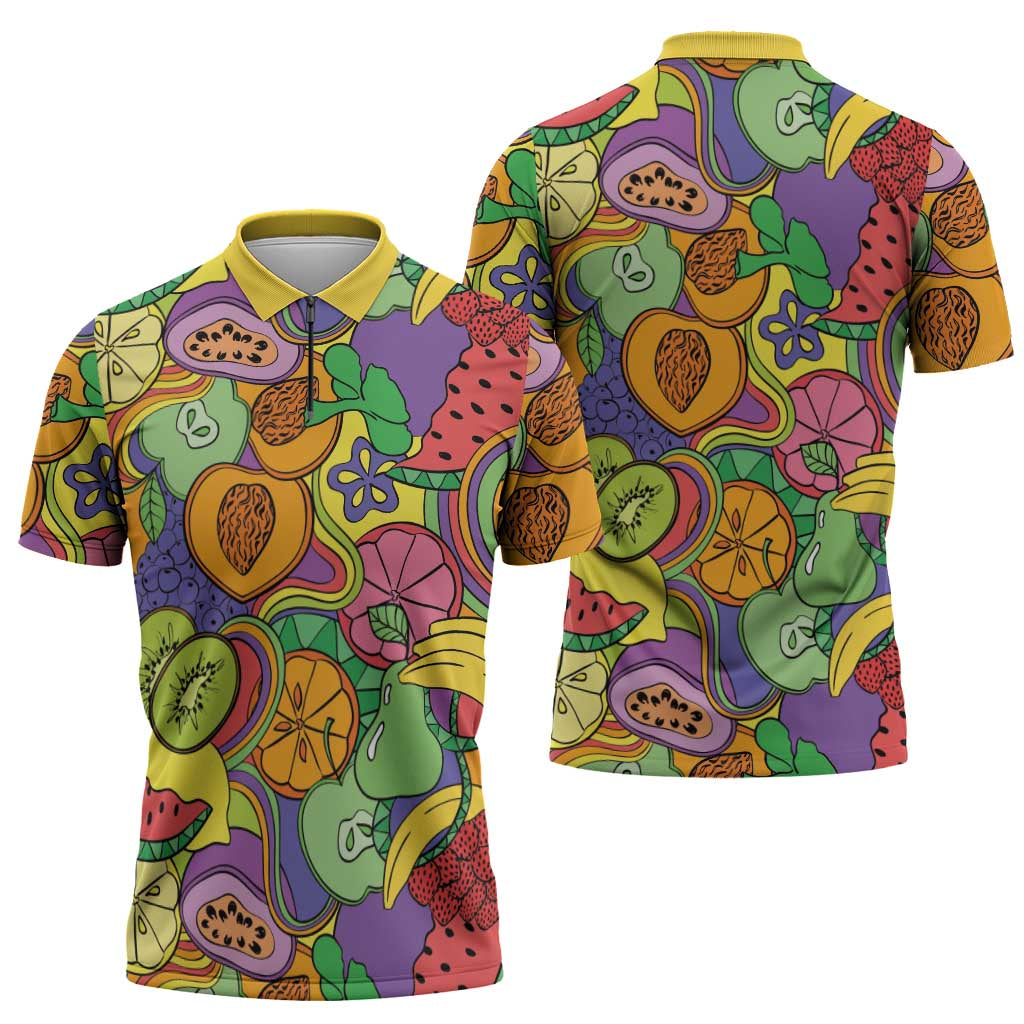 Hawaii Fruits Hippie Style Zipper Polo Shirt Vibrant Colorful