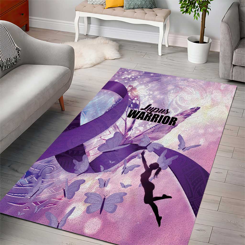 Polynesian Lupus Awareness Area Rug Butterfly Hologram Lupus Warrior
