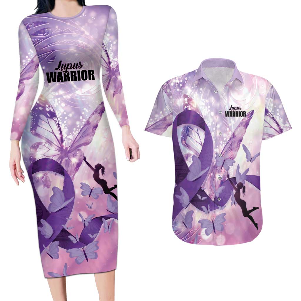 Personalized Polynesian Lupus Awareness Couples Matching Long Sleeve Bodycon Dress and Hawaiian Shirt Butterfly Hologram Lupus Warrior
