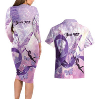 Personalized Polynesian Lupus Awareness Couples Matching Long Sleeve Bodycon Dress and Hawaiian Shirt Butterfly Hologram Lupus Warrior