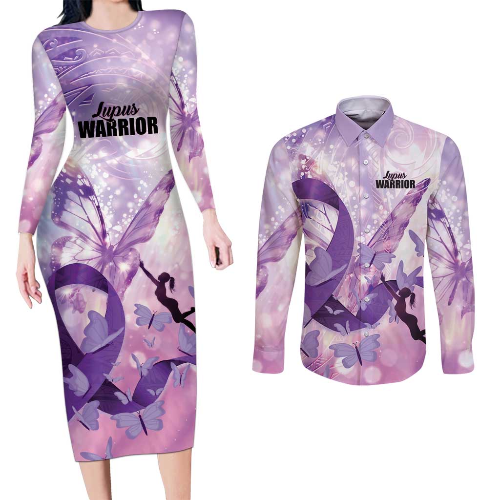 Personalized Polynesian Lupus Awareness Couples Matching Long Sleeve Bodycon Dress and Long Sleeve Button Shirt Butterfly Hologram Lupus Warrior