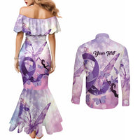 Personalized Polynesian Lupus Awareness Couples Matching Mermaid Dress and Long Sleeve Button Shirt Butterfly Hologram Lupus Warrior