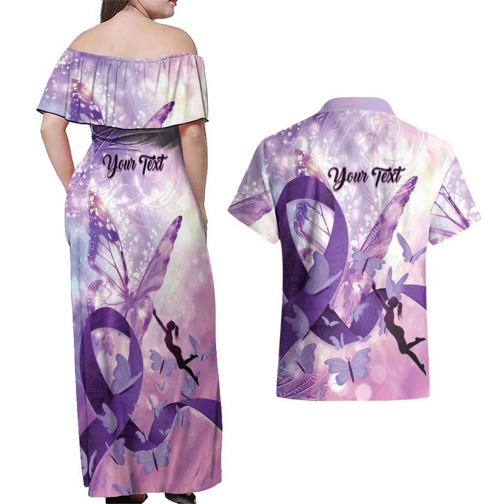 Personalized Polynesian Lupus Awareness Couples Matching Off Shoulder Maxi Dress and Hawaiian Shirt Butterfly Hologram Lupus Warrior