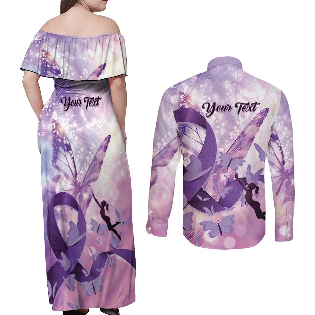Personalized Polynesian Lupus Awareness Couples Matching Off Shoulder Maxi Dress and Long Sleeve Button Shirt Butterfly Hologram Lupus Warrior