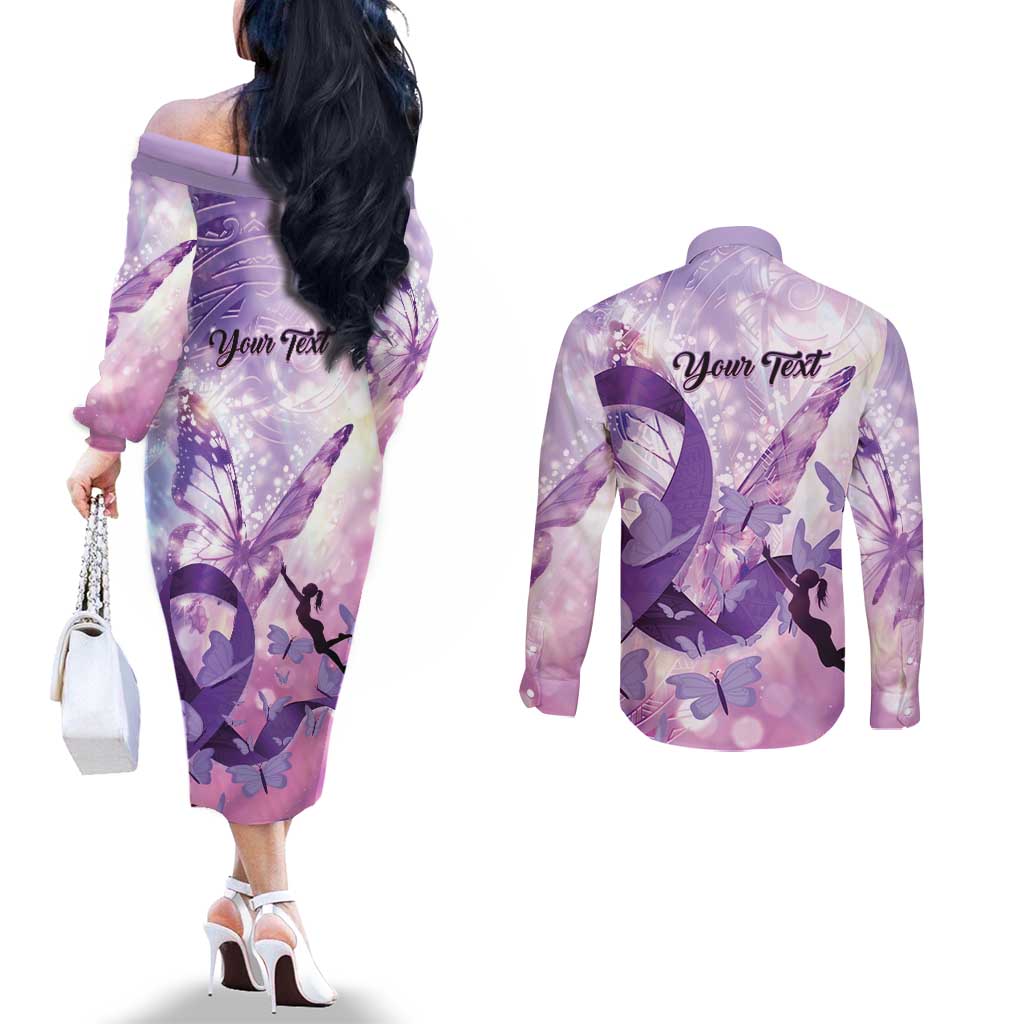 Personalized Polynesian Lupus Awareness Couples Matching Off The Shoulder Long Sleeve Dress and Long Sleeve Button Shirt Butterfly Hologram Lupus Warrior