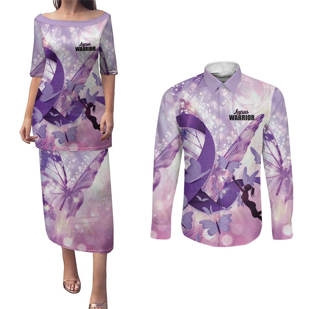 Personalized Polynesian Lupus Awareness Couples Matching Puletasi and Long Sleeve Button Shirt Butterfly Hologram Lupus Warrior