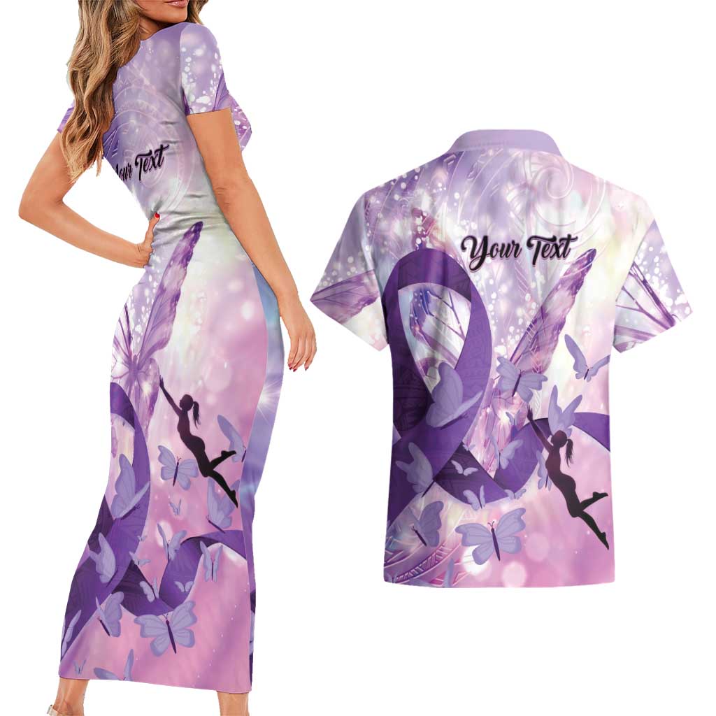 Personalized Polynesian Lupus Awareness Couples Matching Short Sleeve Bodycon Dress and Hawaiian Shirt Butterfly Hologram Lupus Warrior