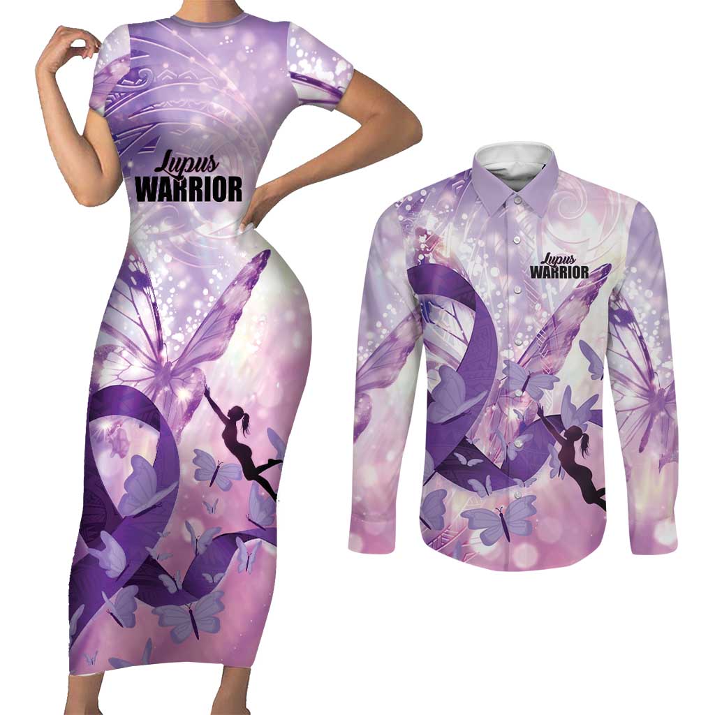 Personalized Polynesian Lupus Awareness Couples Matching Short Sleeve Bodycon Dress and Long Sleeve Button Shirt Butterfly Hologram Lupus Warrior