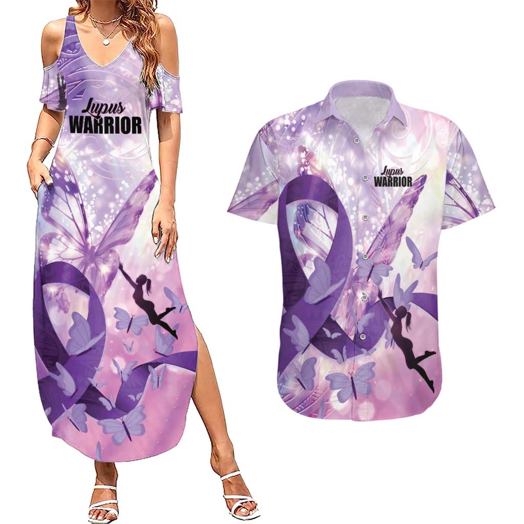 Personalized Polynesian Lupus Awareness Couples Matching Summer Maxi Dress and Hawaiian Shirt Butterfly Hologram Lupus Warrior