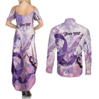 Personalized Polynesian Lupus Awareness Couples Matching Summer Maxi Dress and Long Sleeve Button Shirt Butterfly Hologram Lupus Warrior