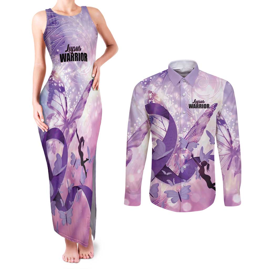 Personalized Polynesian Lupus Awareness Couples Matching Tank Maxi Dress and Long Sleeve Button Shirt Butterfly Hologram Lupus Warrior