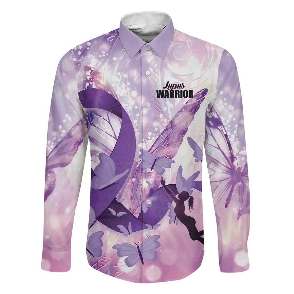 Personalized Polynesian Lupus Awareness Family Matching Mermaid Dress and Hawaiian Shirt Butterfly Hologram Lupus Warrior LT01 Dad's Shirt - Long Sleeve Purple - Polynesian Pride