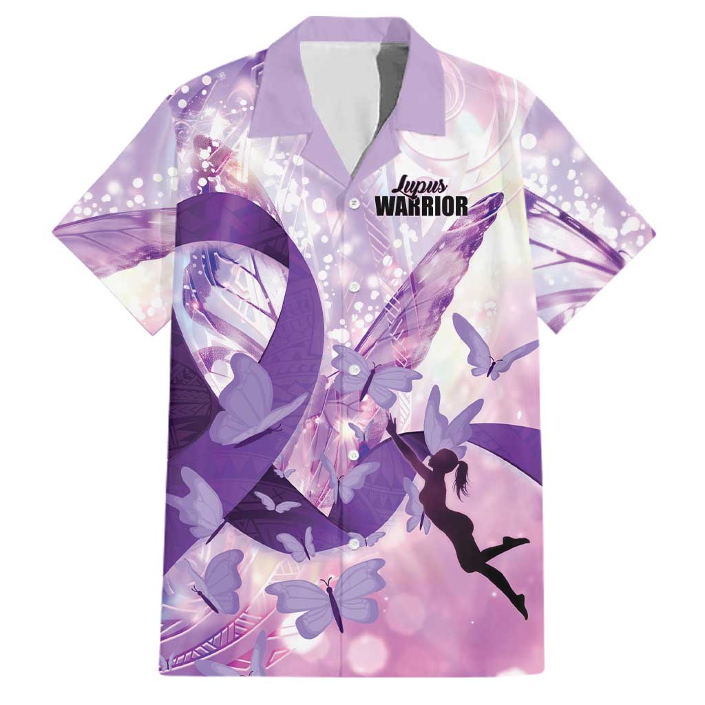 Personalized Polynesian Lupus Awareness Family Matching Off The Shoulder Long Sleeve Dress and Hawaiian Shirt Butterfly Hologram Lupus Warrior LT01 Dad's Shirt - Short Sleeve Purple - Polynesian Pride