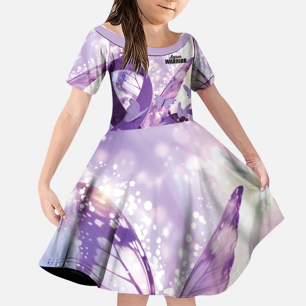 Personalized Polynesian Lupus Awareness Family Matching Short Sleeve Bodycon Dress and Hawaiian Shirt Butterfly Hologram Lupus Warrior LT01 Daughter's Dress Purple - Polynesian Pride