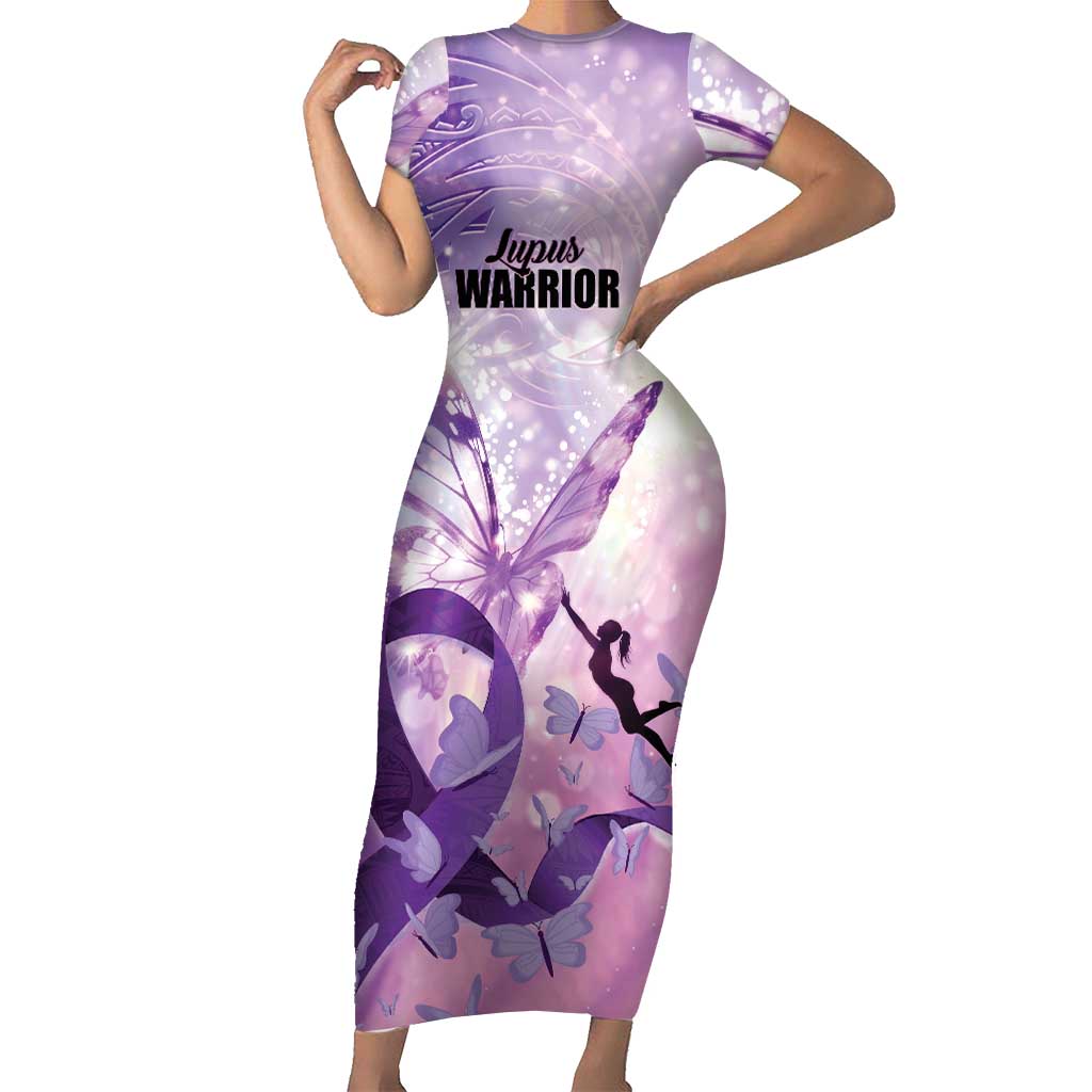 Personalized Polynesian Lupus Awareness Family Matching Short Sleeve Bodycon Dress and Hawaiian Shirt Butterfly Hologram Lupus Warrior LT01 Mom's Dress Purple - Polynesian Pride