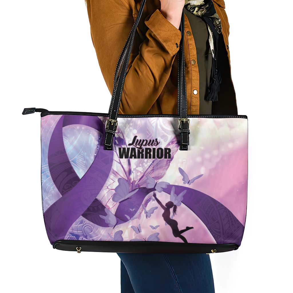 Polynesian Lupus Awareness Leather Tote Bag Butterfly Hologram Lupus Warrior