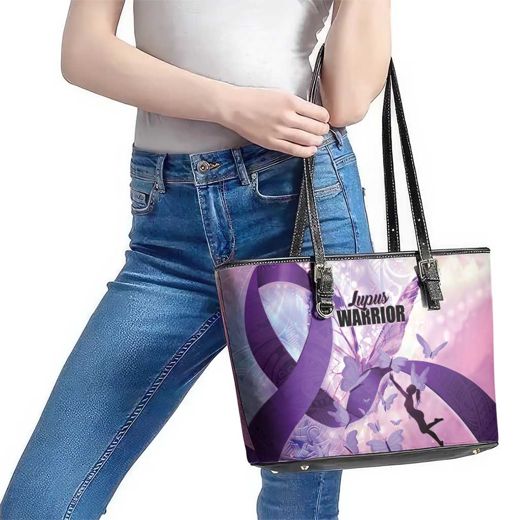 Polynesian Lupus Awareness Leather Tote Bag Butterfly Hologram Lupus Warrior