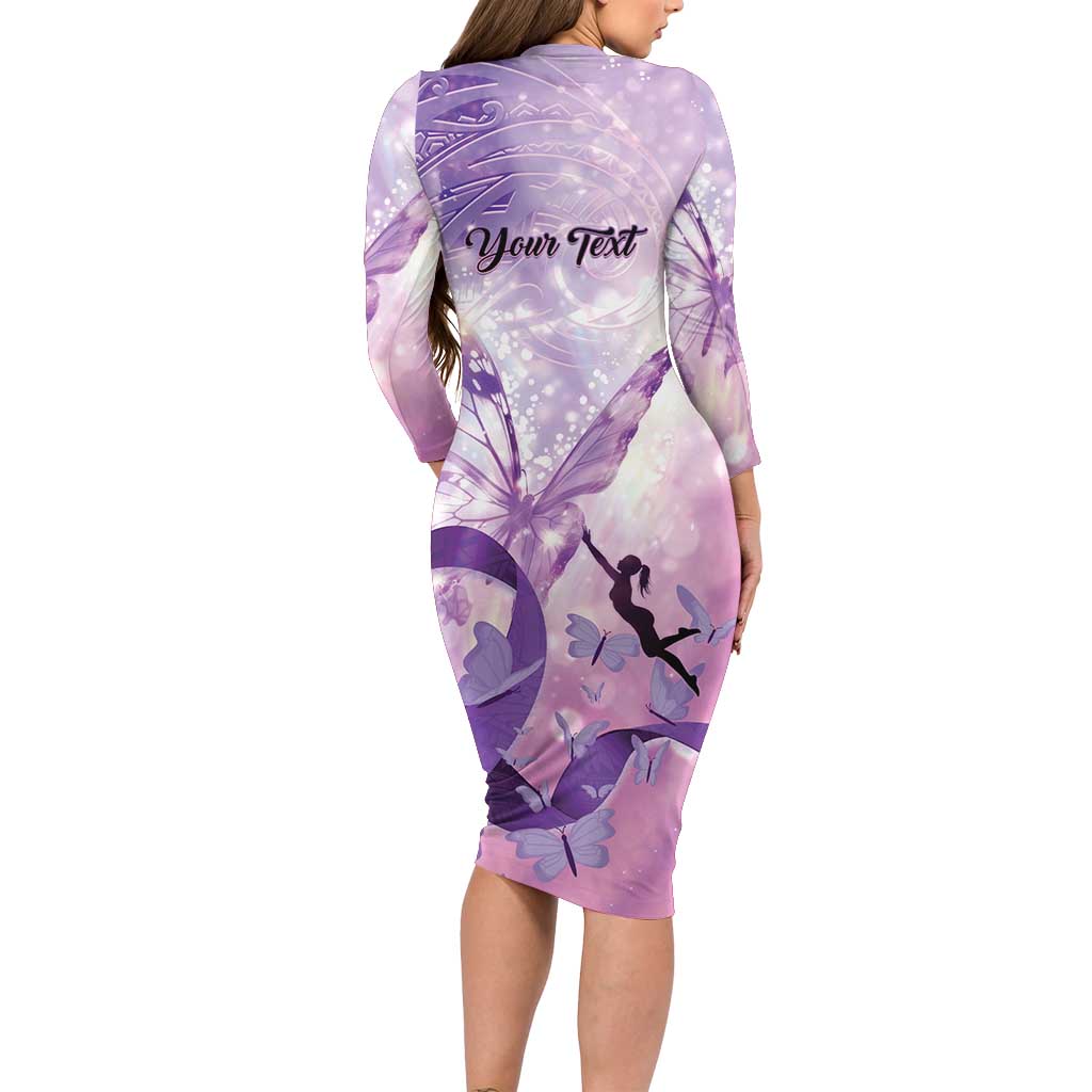 Personalized Polynesian Lupus Awareness Long Sleeve Bodycon Dress Butterfly Hologram Lupus Warrior