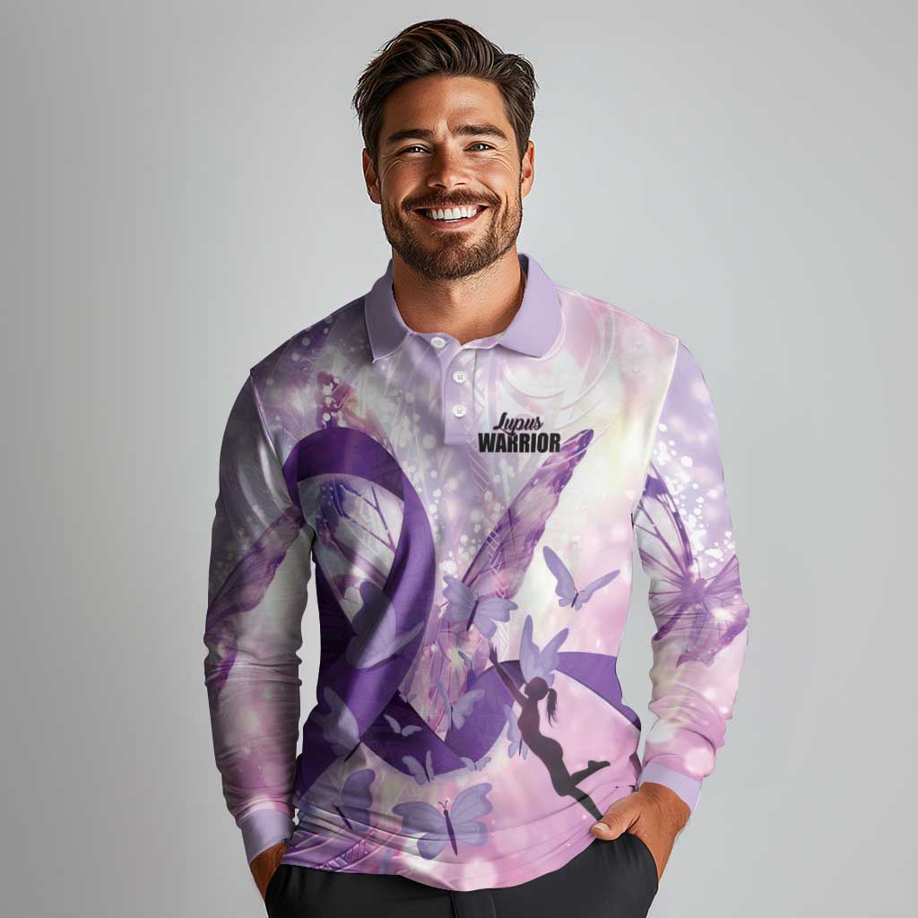 Personalized Polynesian Lupus Awareness Long Sleeve Polo Shirt Butterfly Hologram Lupus Warrior