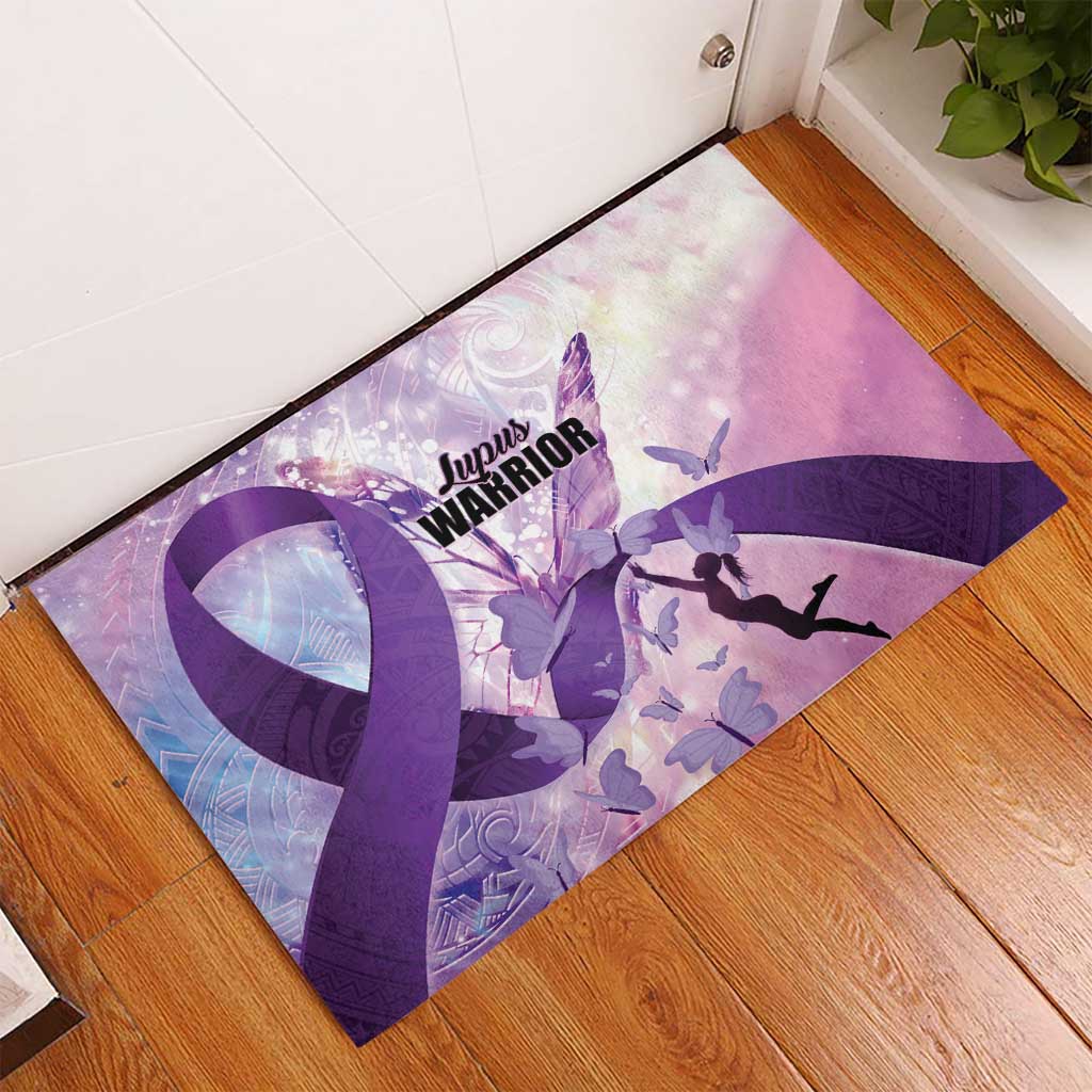 Polynesian Lupus Awareness Rubber Doormat Butterfly Hologram Lupus Warrior