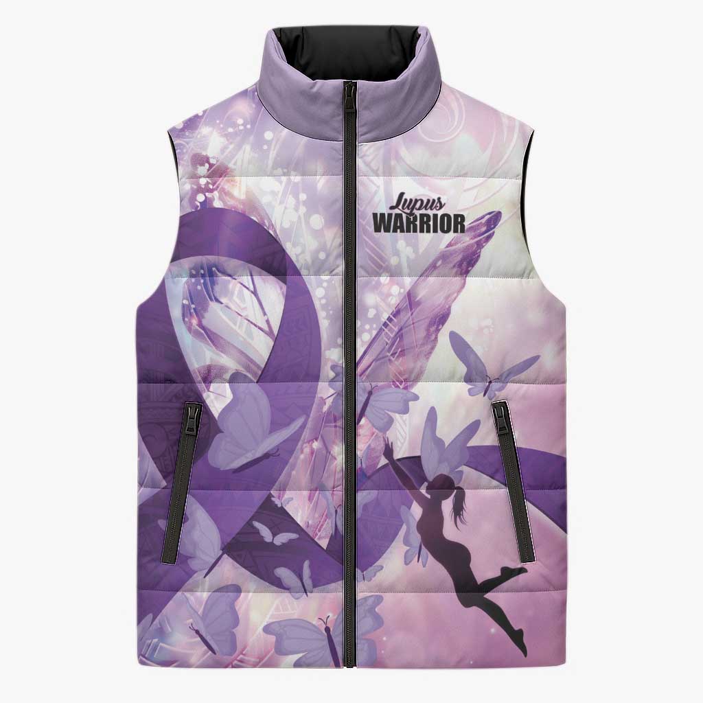Personalized Polynesian Lupus Awareness Sleeveless Puffer Jacket Butterfly Hologram Lupus Warrior