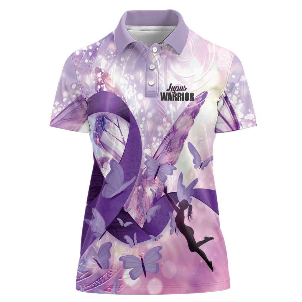 Personalized Polynesian Lupus Awareness Women Polo Shirt Butterfly Hologram Lupus Warrior