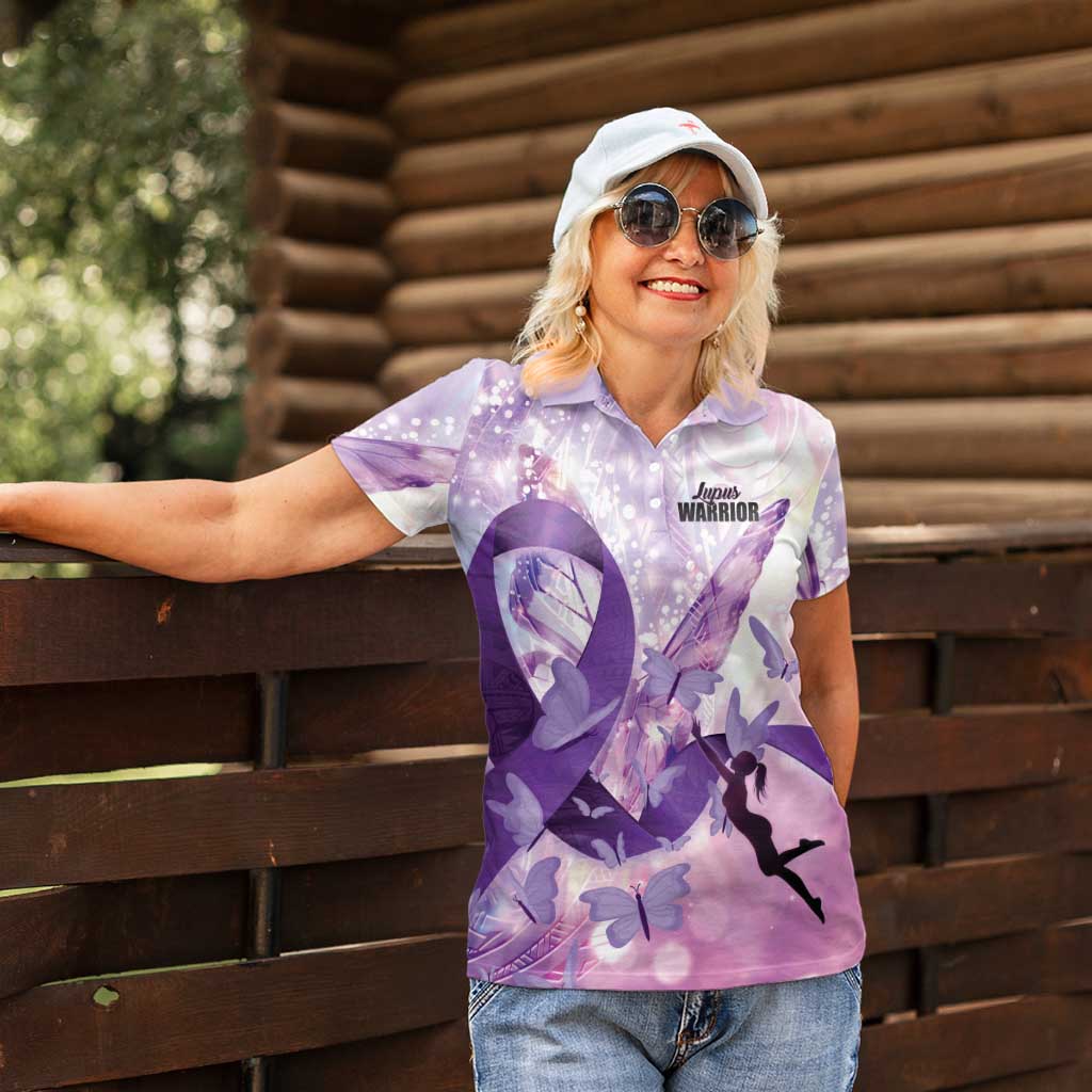 Personalized Polynesian Lupus Awareness Women Polo Shirt Butterfly Hologram Lupus Warrior
