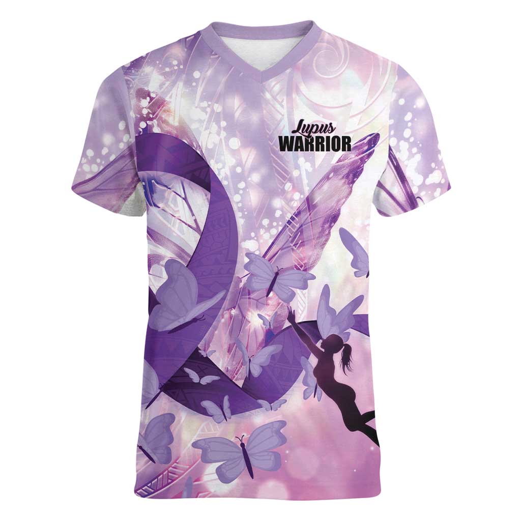 Personalized Polynesian Lupus Awareness Women V-Neck T-Shirt Butterfly Hologram Lupus Warrior